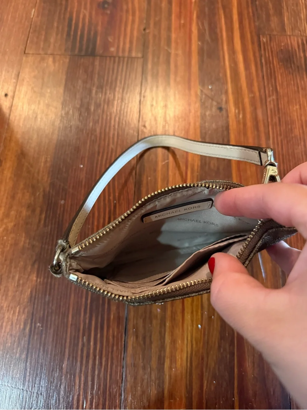 Michael Kors Brown MK Logo Wristlet with Tan Strap